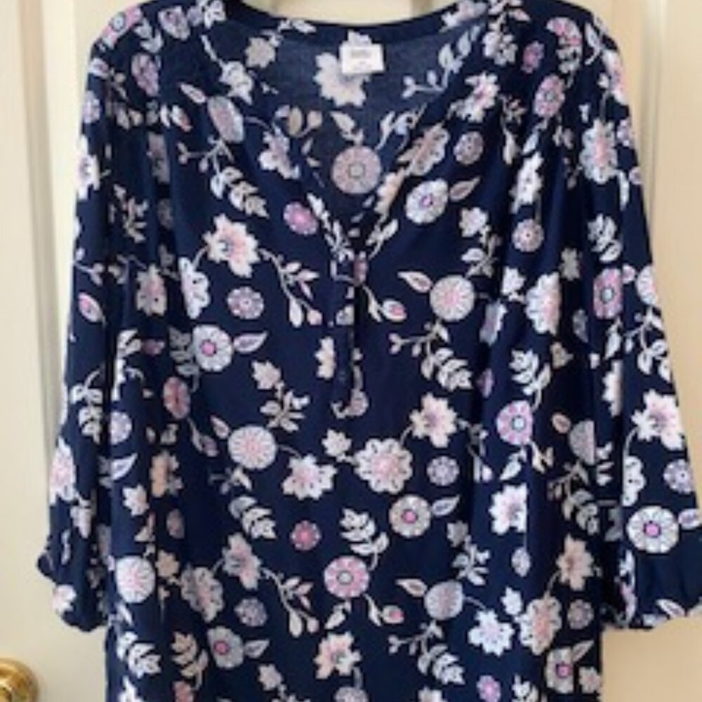 2X Plus size women's 3/4 length elastic sleeve, V-Neck blouse